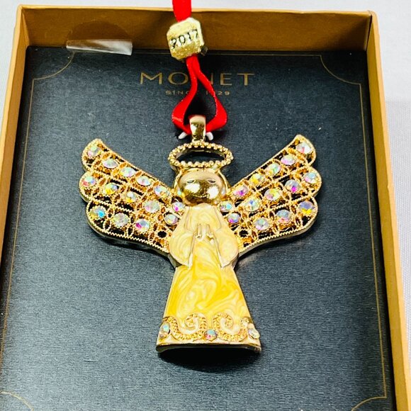 Monet Aurora Borealis Rhinestone Angel Ornament Ribbon Pendant Charm Purse Bling - Picture 1 of 8